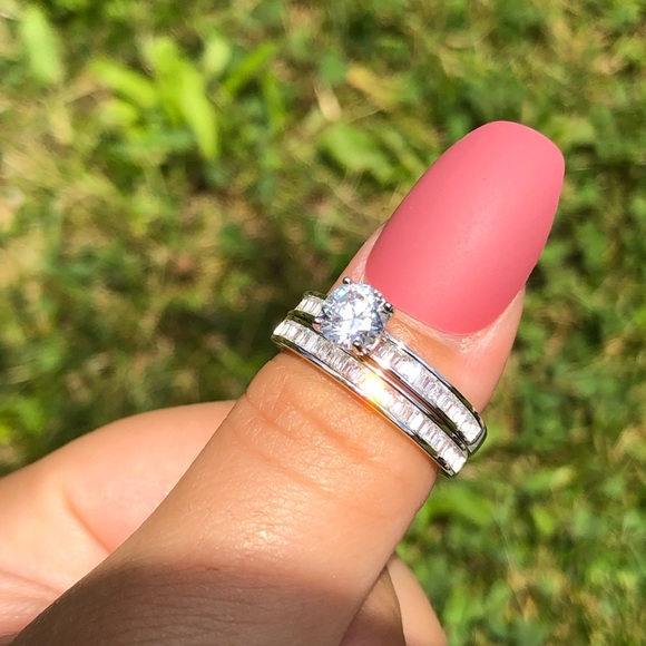 925 Sterling Silver Round & Baguette Ring Set - Picture 1 of 14